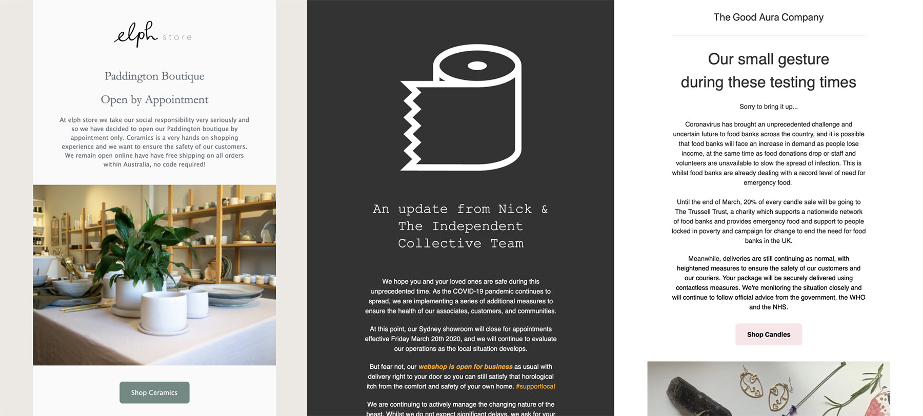 Email examples using Shopify Email from Pheasants' Hill Farm, The Independent Collective, and Elph Store.