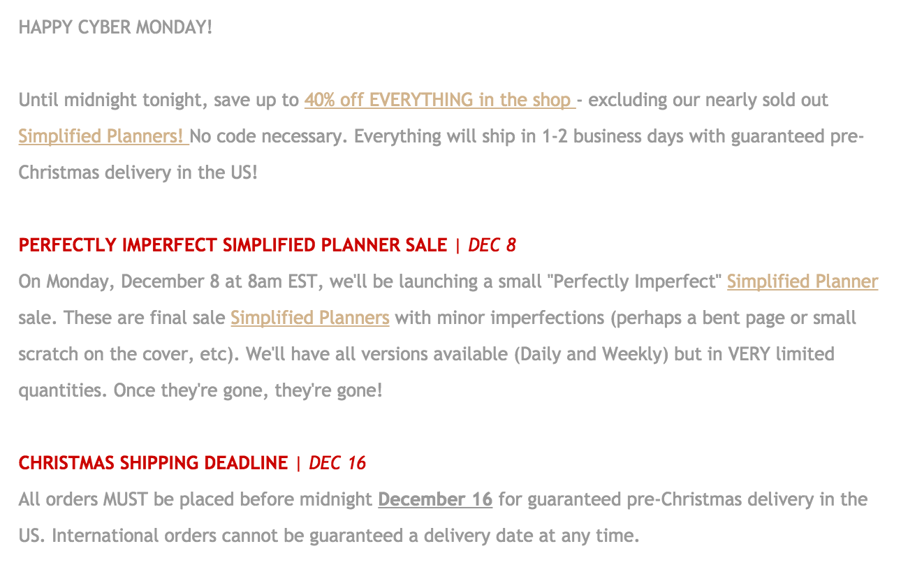 Plain text email about shipping times