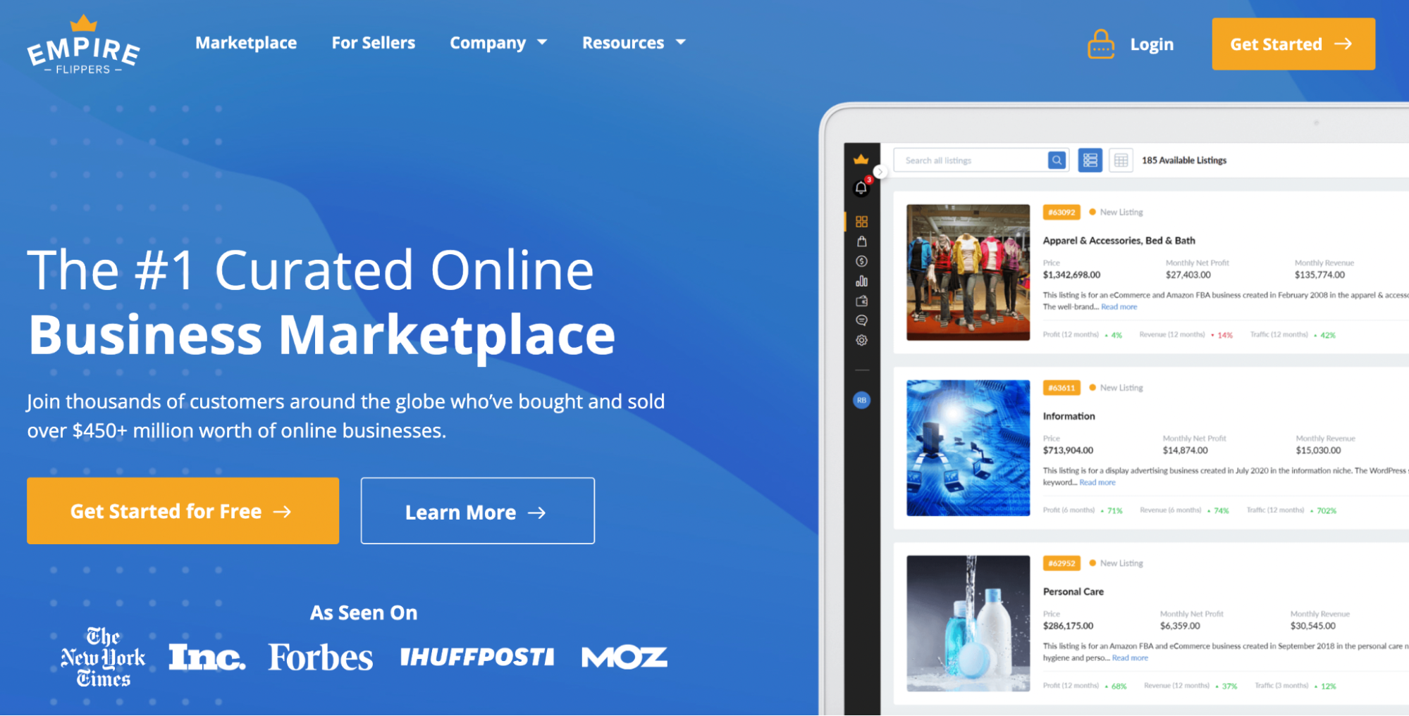 Screenshot of Empire Flippers’ website, with blue background, orange buttons, and an image of the marketplace