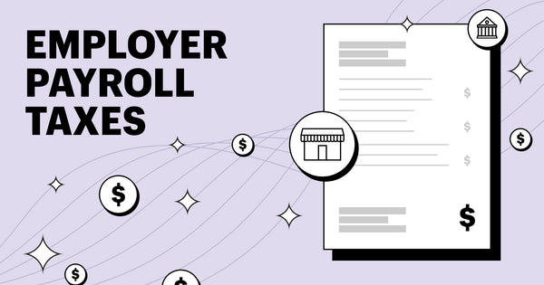 employer payroll taxes left, right is a document with $ and icons of a storefront and bank, implying taxes