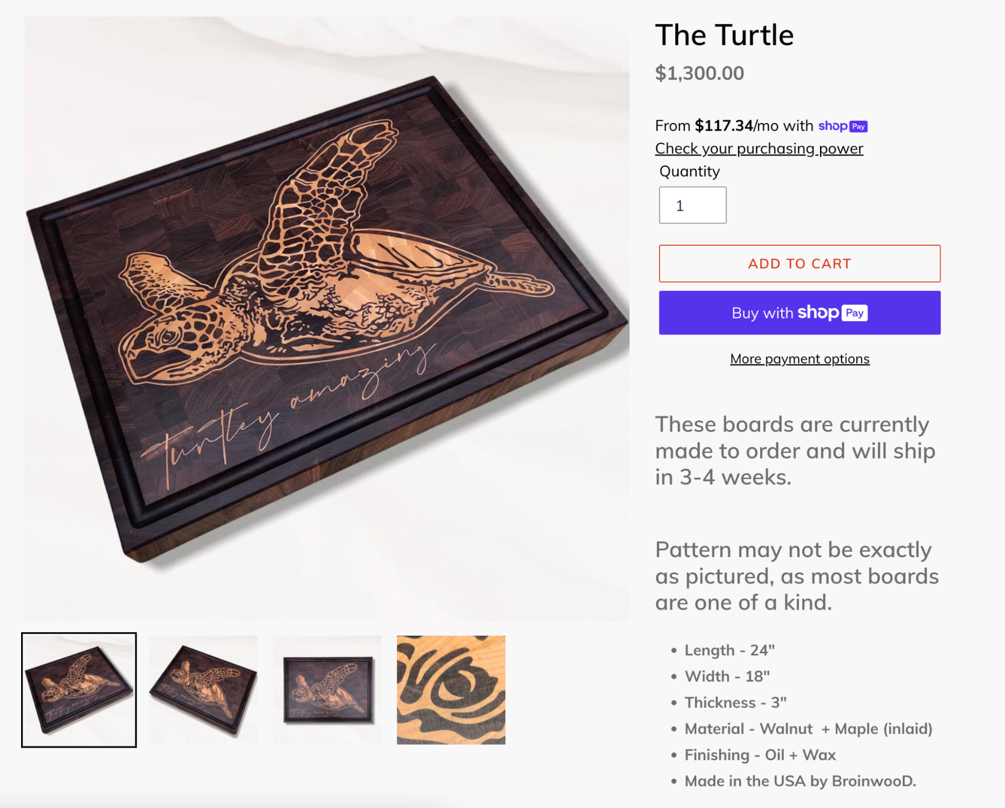 Custom wooden board with an engraved turtle design, listed for sale at $1,300 on an online store.