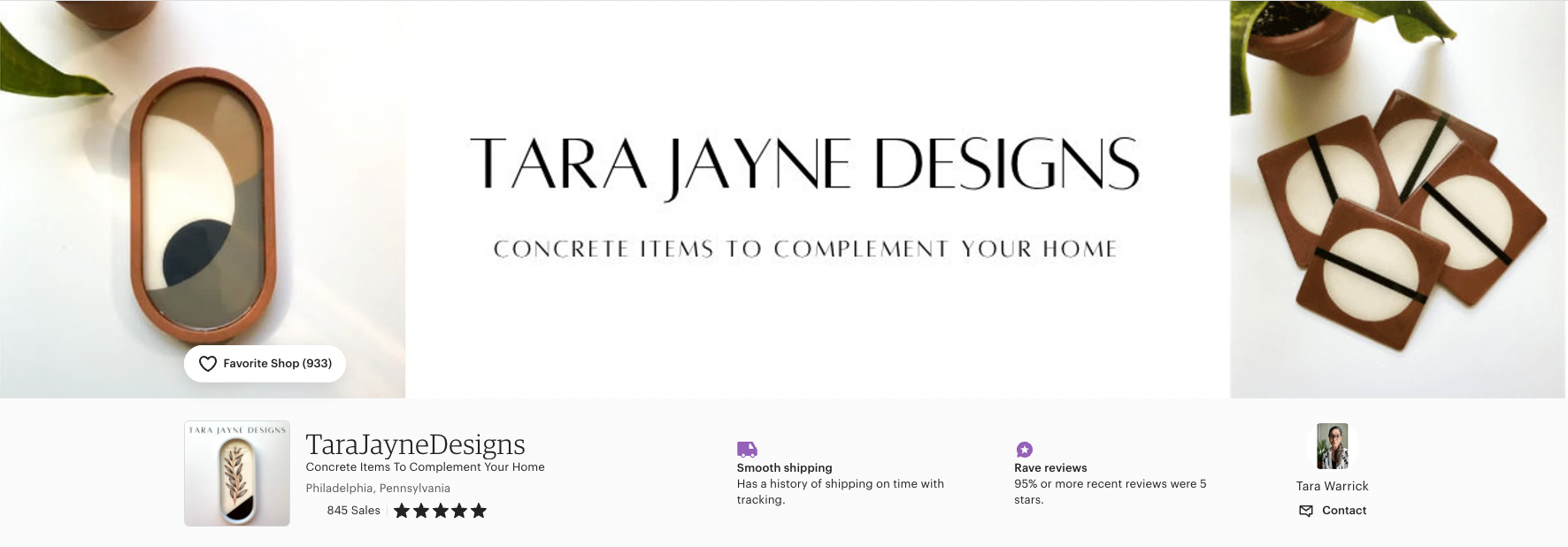 Screenshot of the header for Etsy shop Tara Jayne Designs