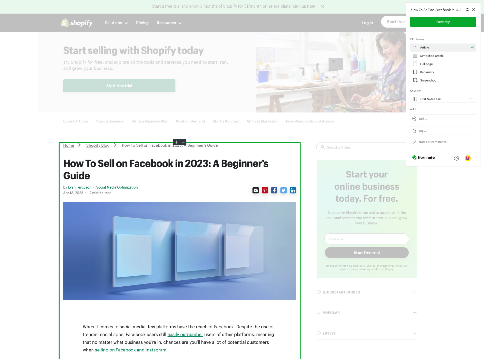Shopify blog article ’How to Sell on Facebook in 2023’ with Evernote clipping tool.