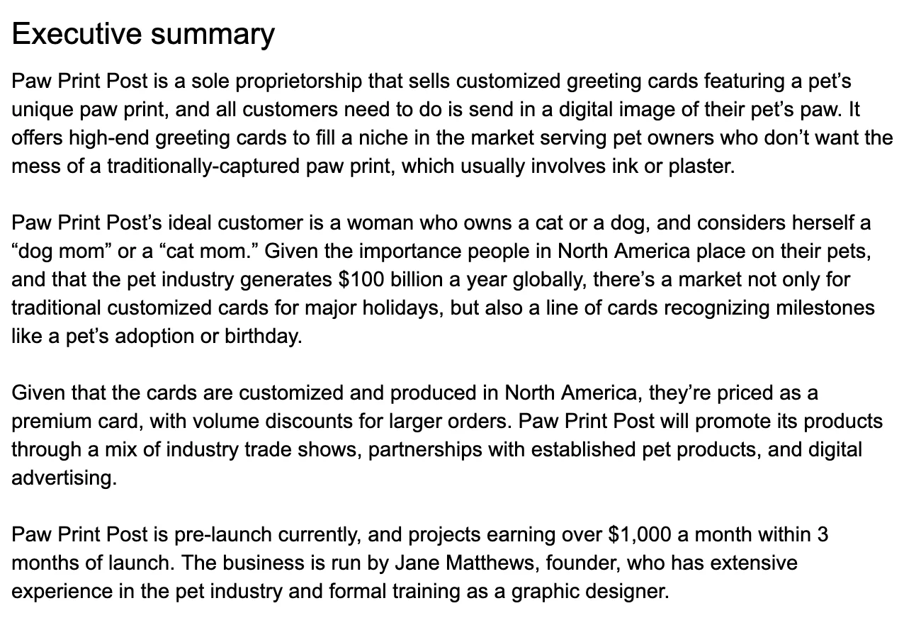 A four-paragraph long executive summary for a business.