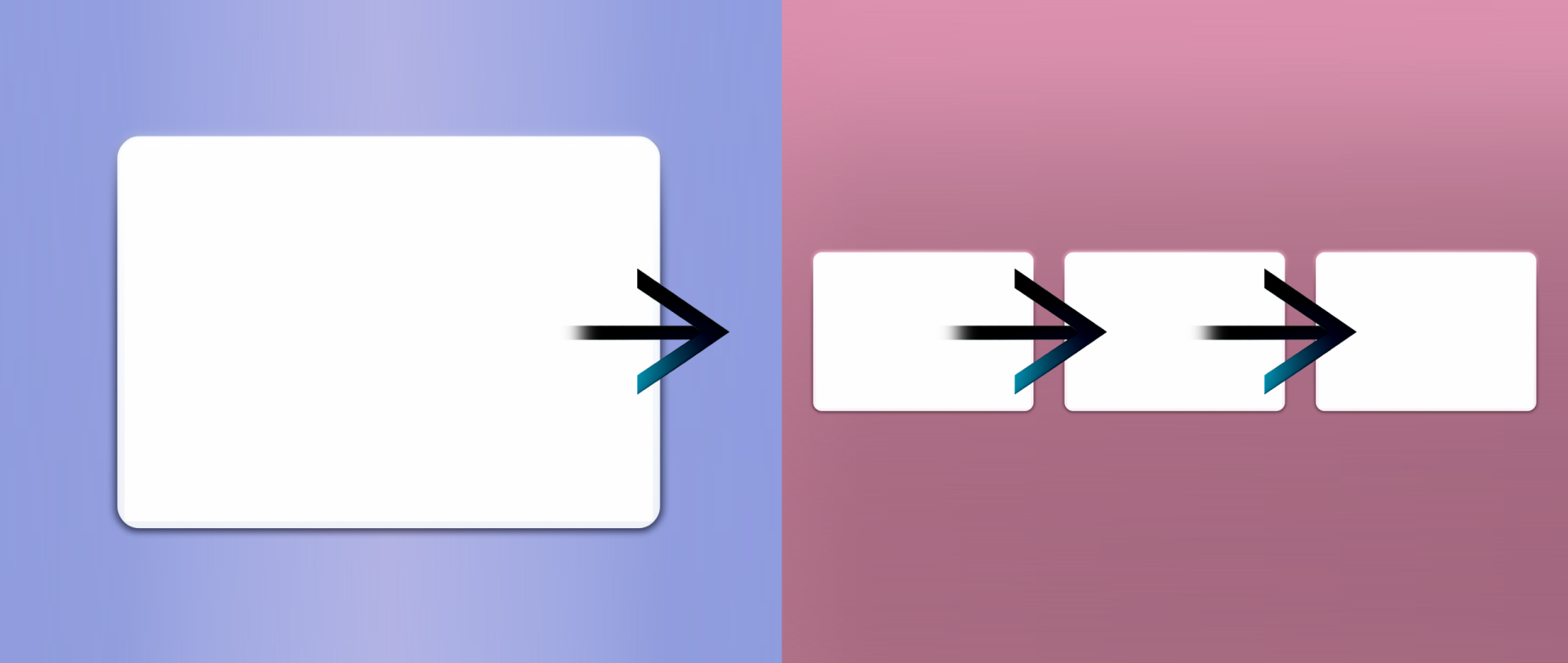 A white square with a black arrow on a purple background next to three white squares with arrows on a pink background.