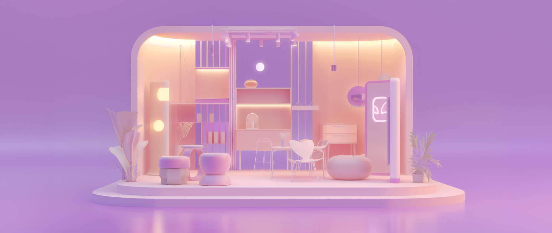 An illuminated modern living area on a purple background.