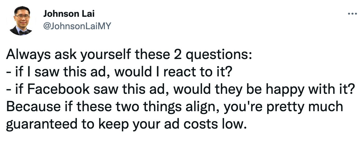 Image of a tweet from Johnson Lai on Facebook ad costs