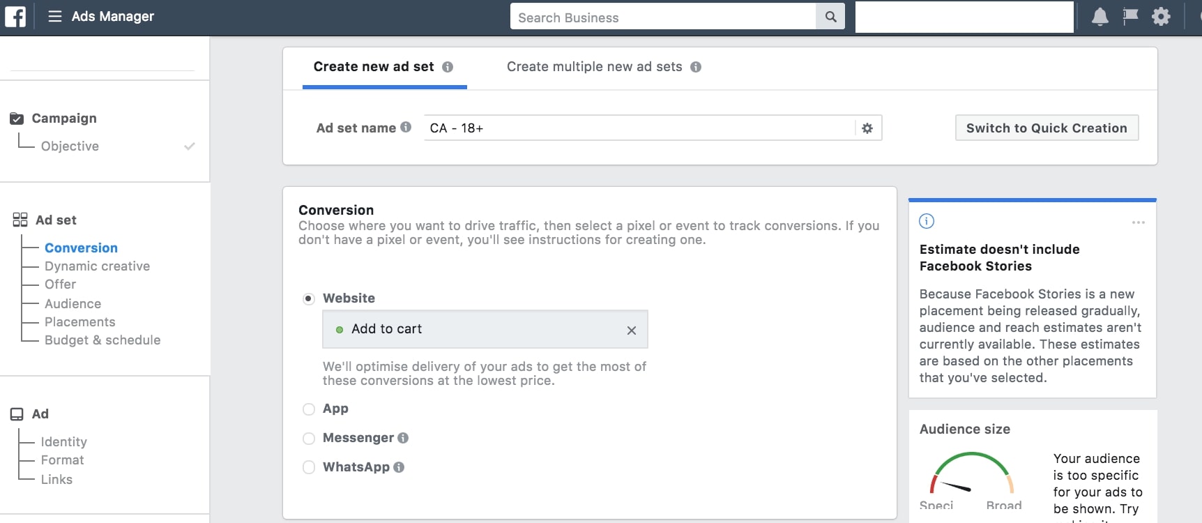 creating facebook ad set