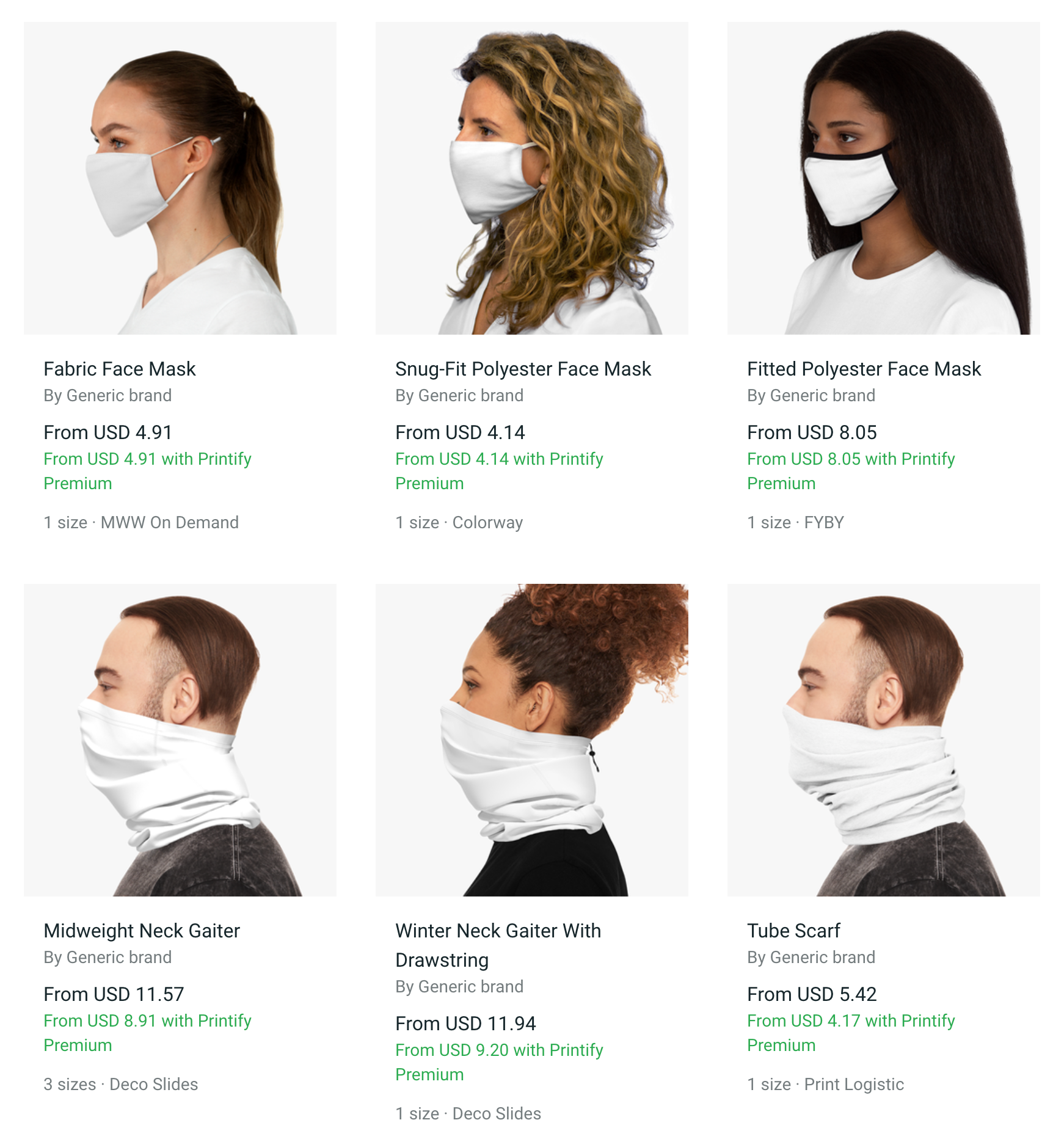 Various print-on-demand masks including neck gaiters and reusable face masks.