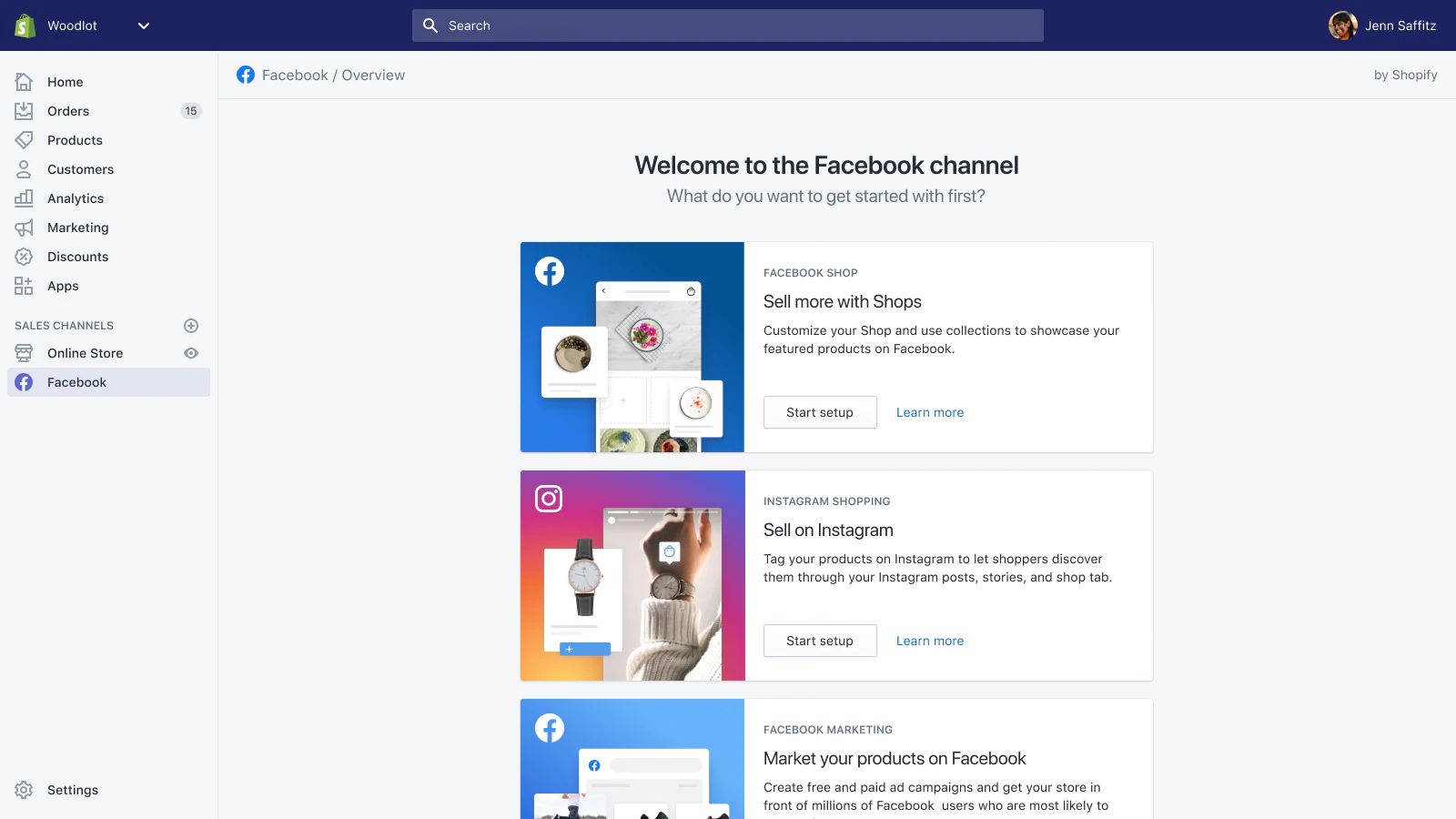 A screenshot of the Facebook channel by Shopify landing page within Facebook