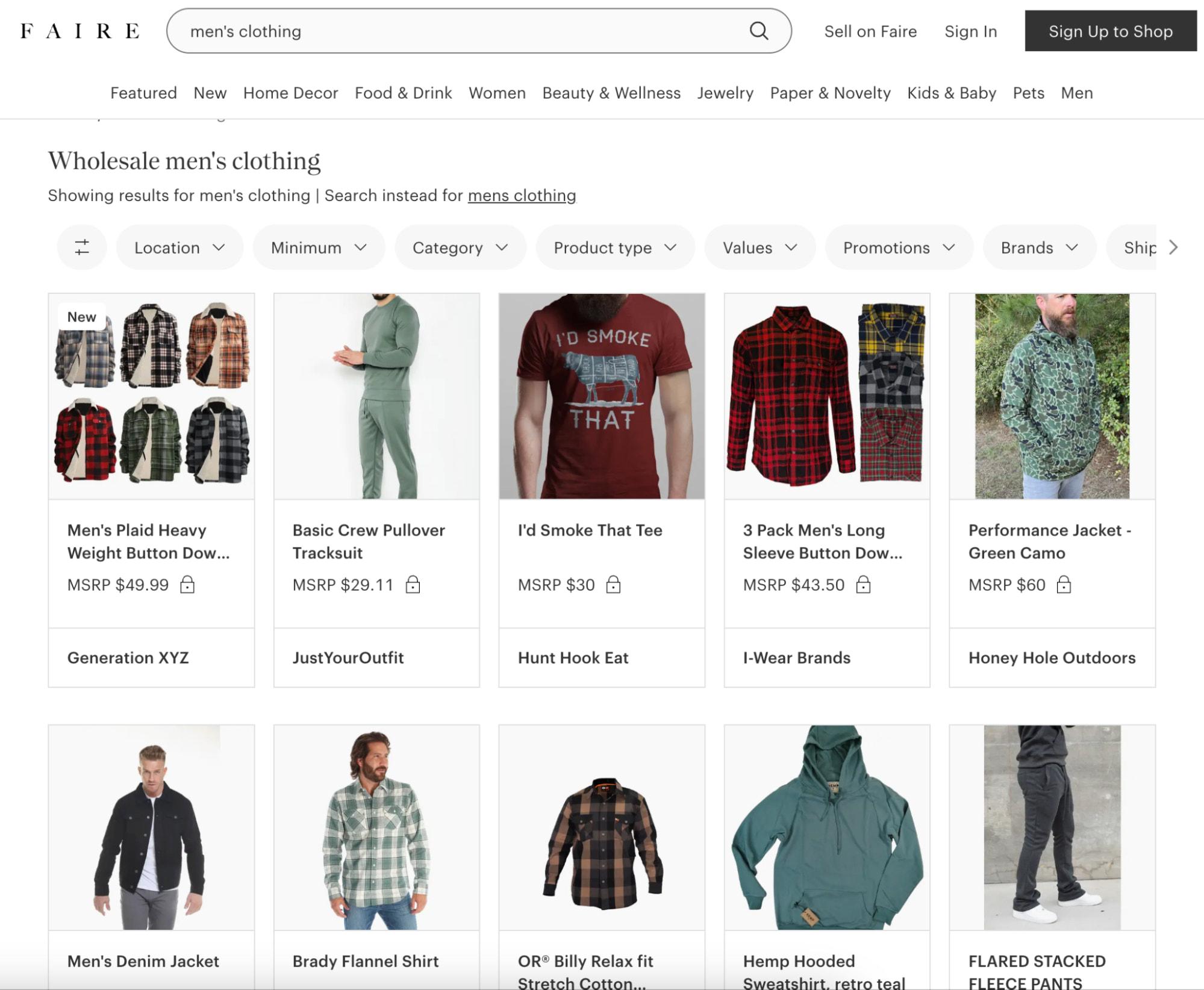 Image of Faire wholesale marketplace showing results for “men’s clothing” query
