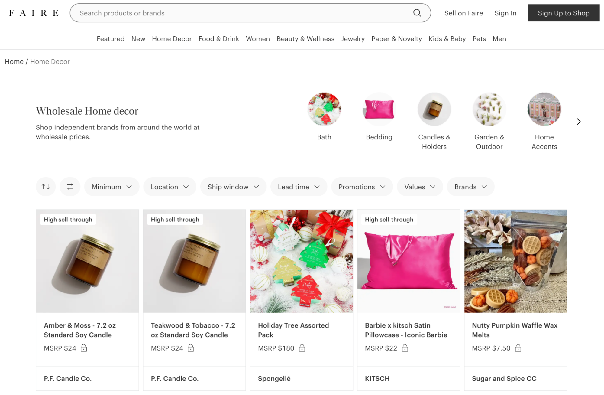 Faire wholesale marketplace UI featuring wholesale home decor