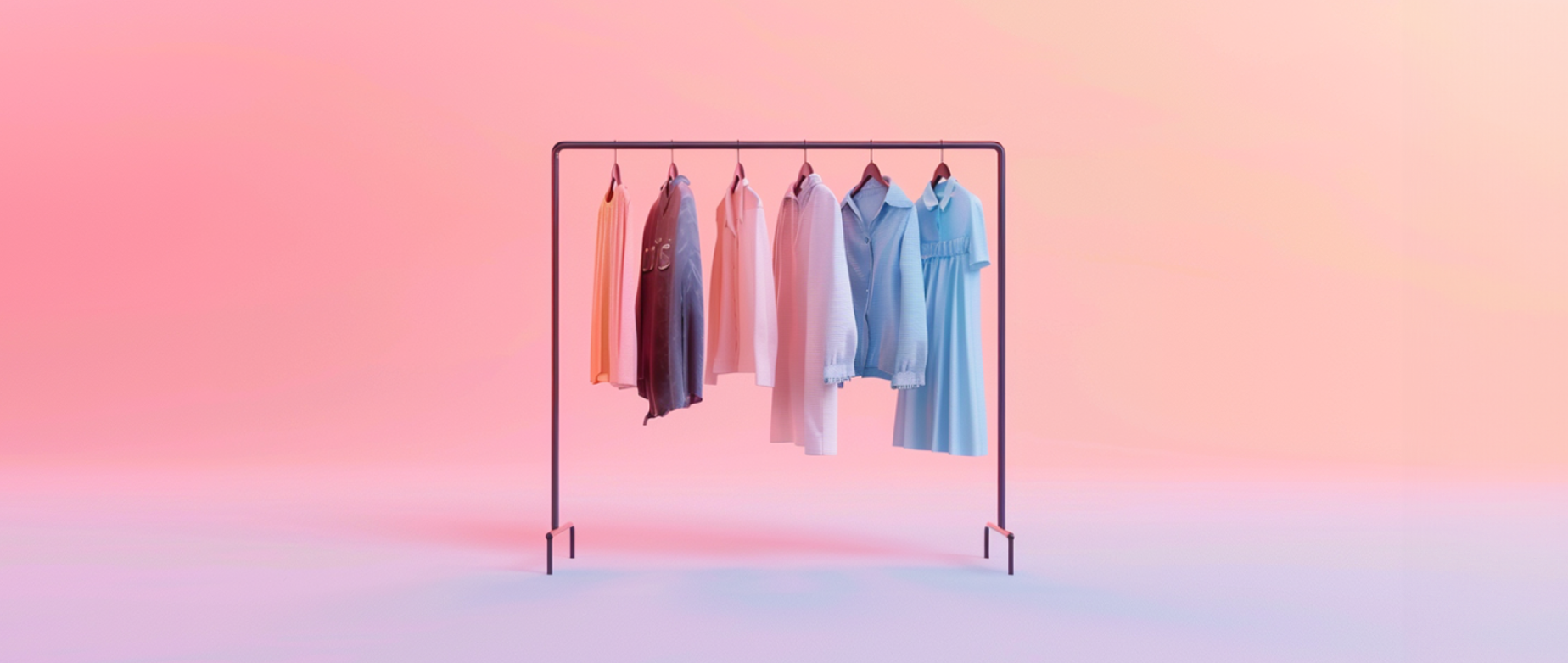 A rack of clothing with a pink background.