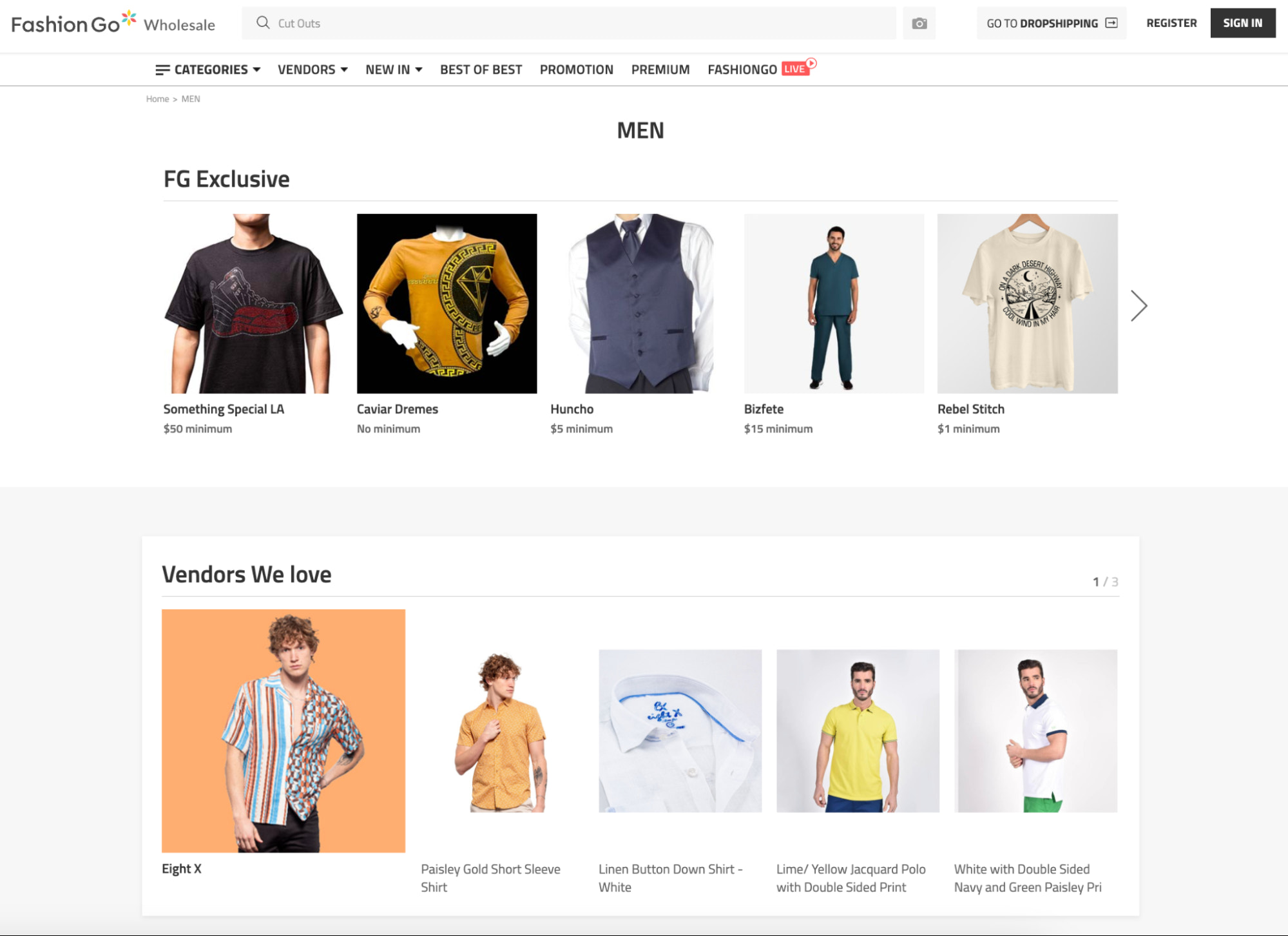 Image of FashionGo wholesale site featuring exclusives and recommended vendors