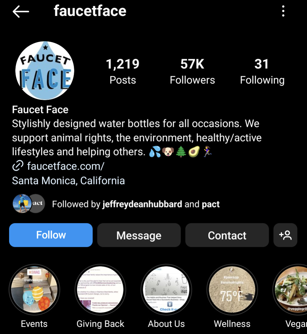 screenshot of Faucet Face Instagram bio