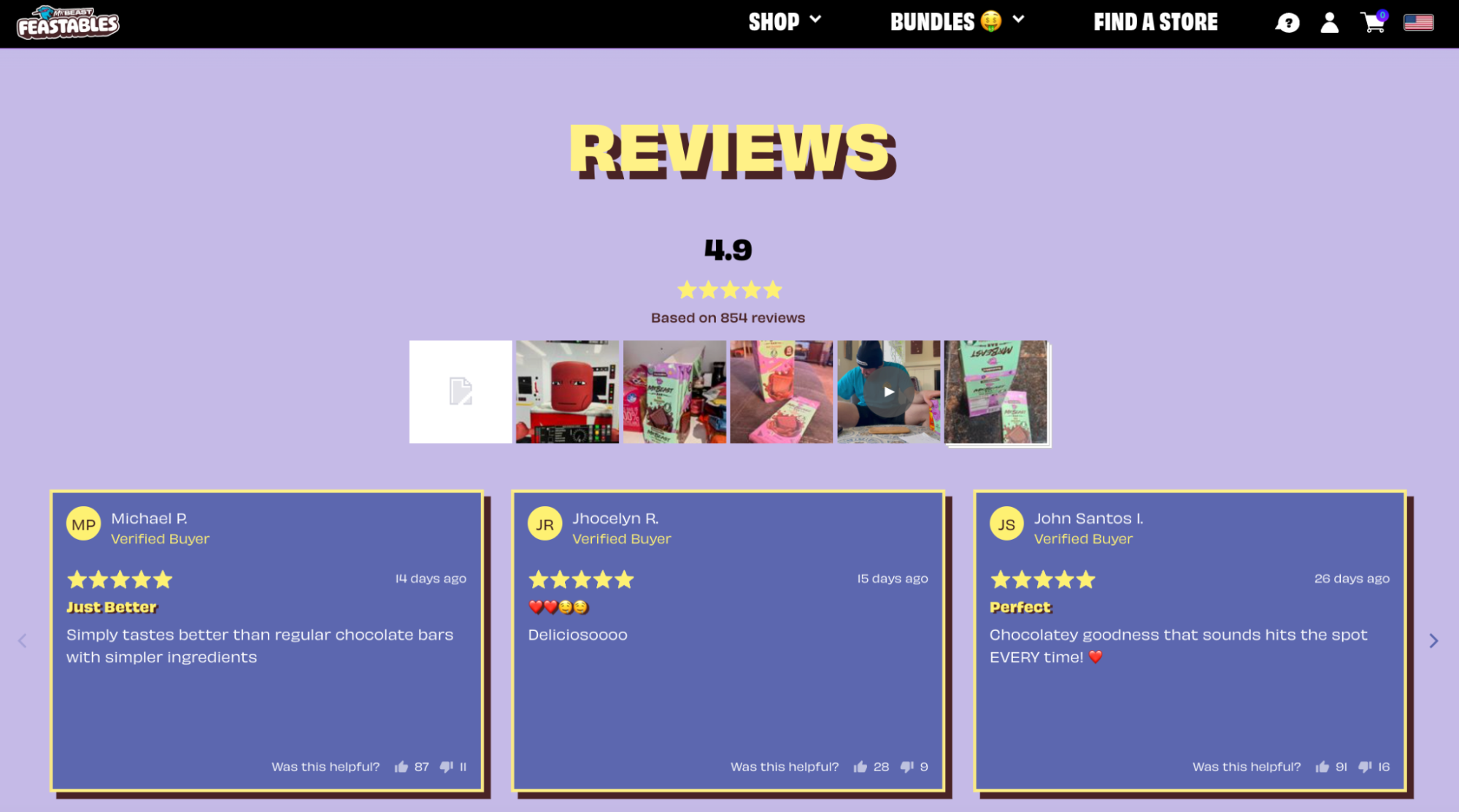 Product page on Feastables’ website showing its customer reviews widget.