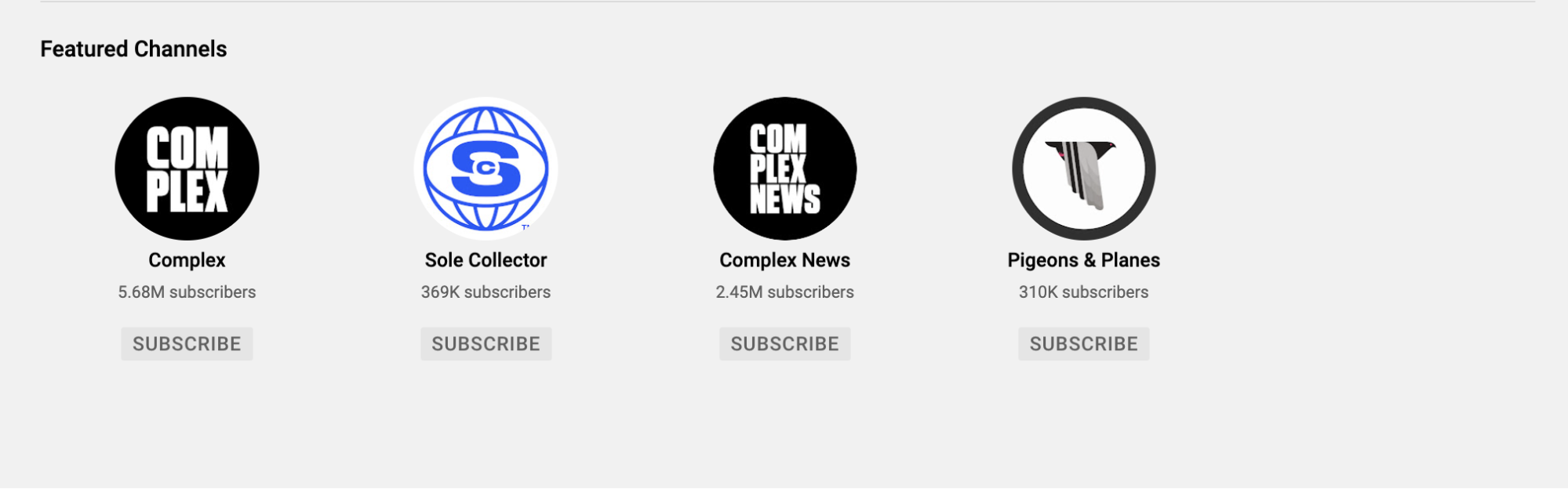 featured channels on youtube including Complex, Sole Collector and Complex News