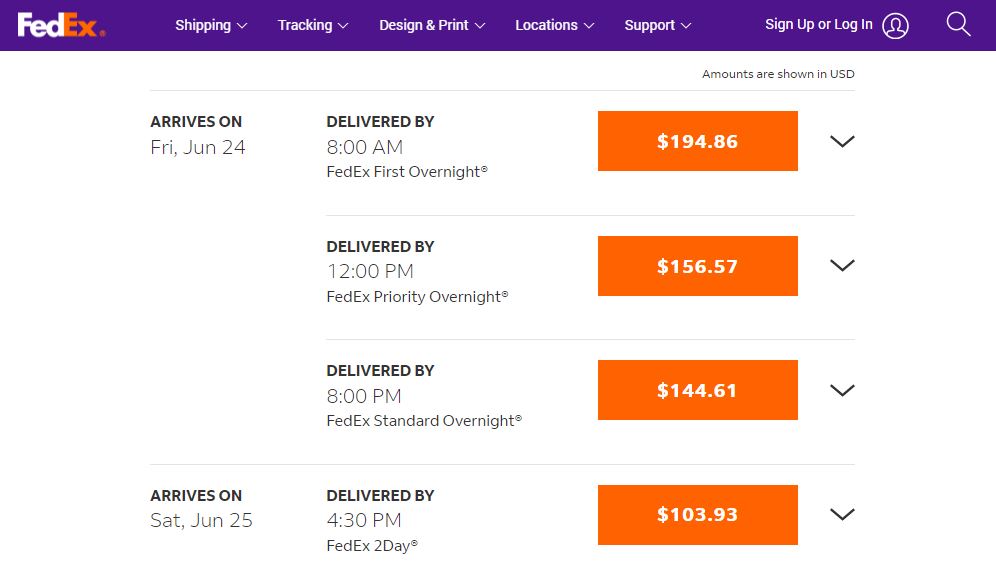 FedEx overnight shipping options screenshot