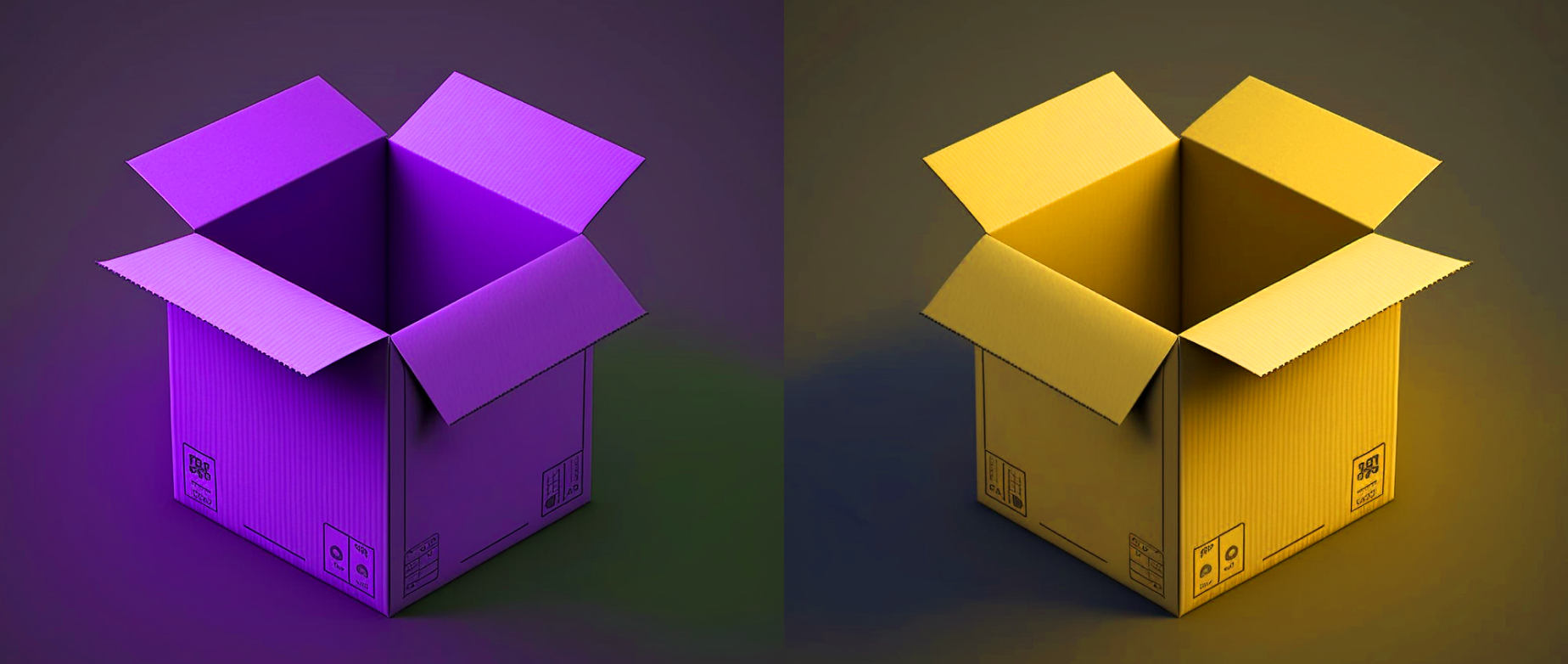 A graphic of two shipping boxes, one purple and one yellow, side by side
