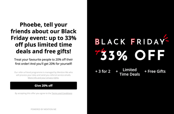 Feel Unique’s refer-a-friend promotion with offer details on the left and bold sale terms on the right.