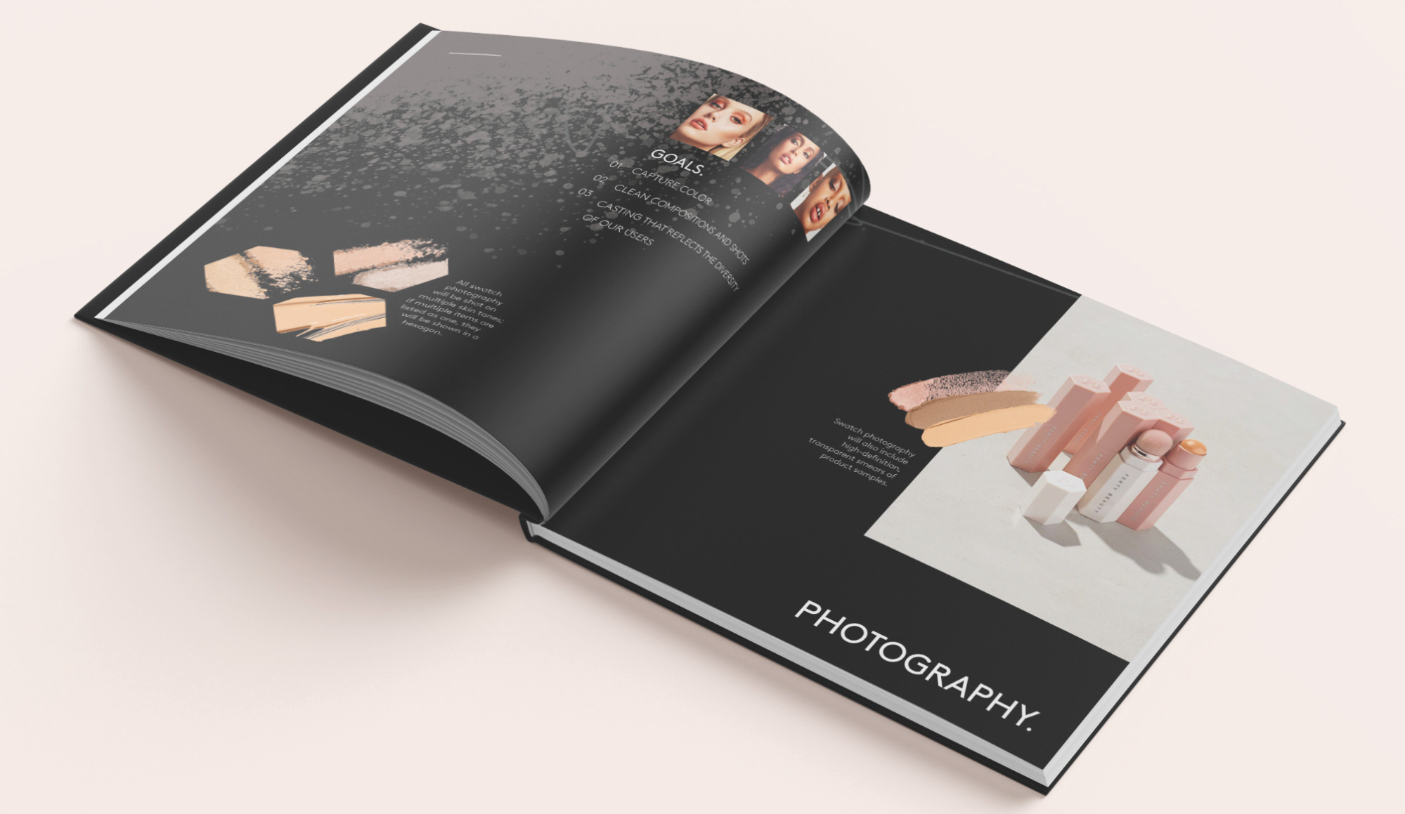 Fenty Beauty photography guidelines book open to a page on product photography with an image of its color sticks.