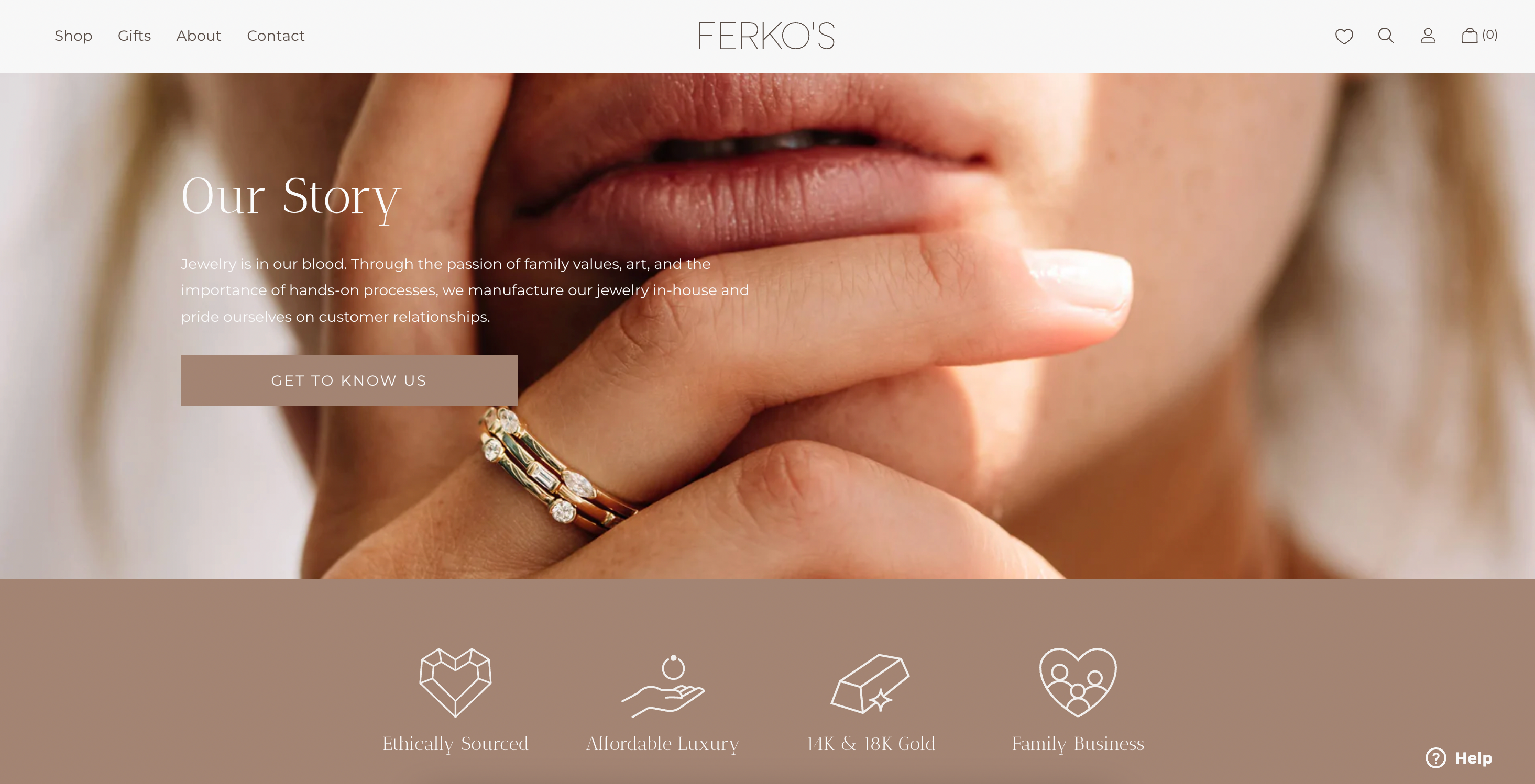 On the Ferko's home page, a person wearing rings holds fingers up to their mouth 