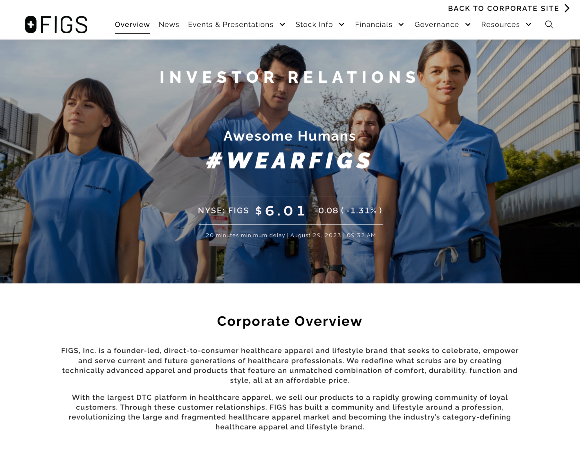 FIGS health care apparel website showing staff in blue scrubs and company overview