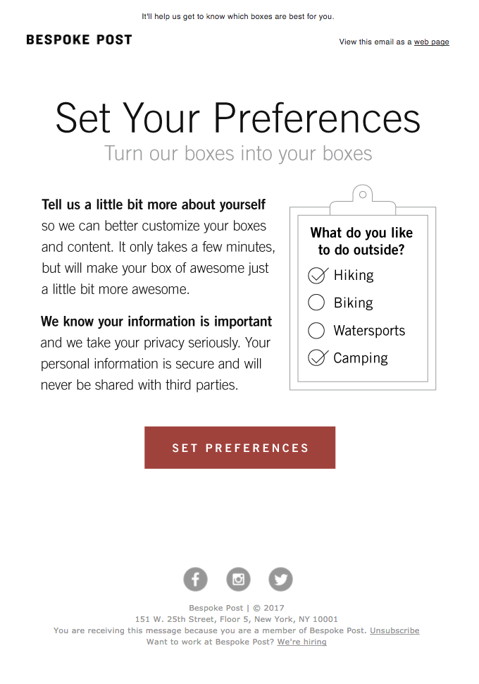 An email example of how to ask your customers to tell you more about their preferences.