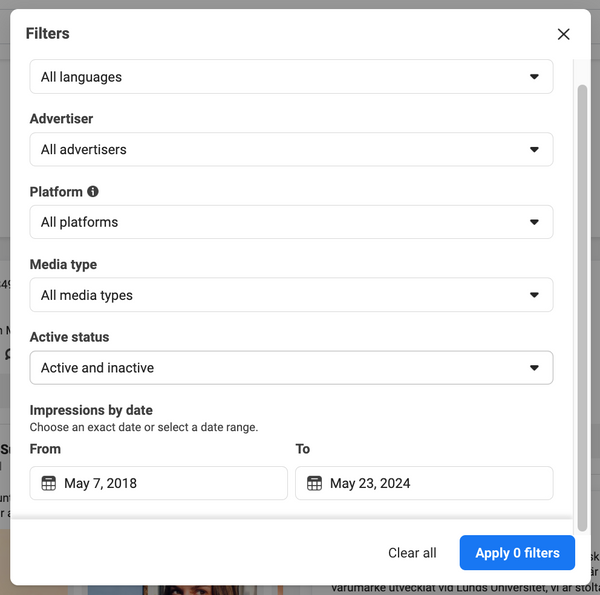 Meta Ad Library filtering options