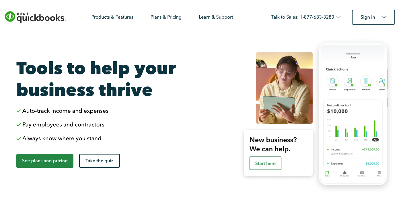 A screenshot of the Quickbooks homepage