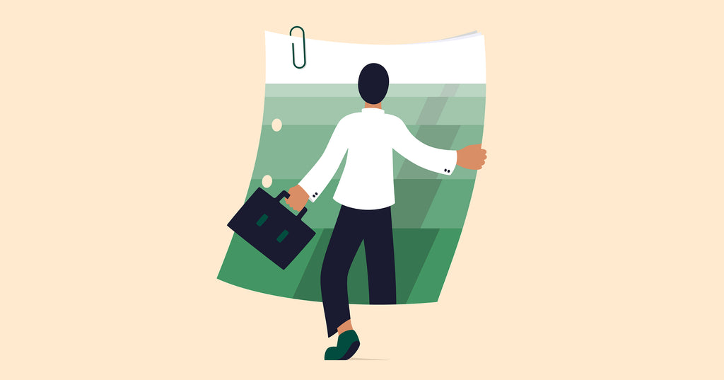 Illustration of a person holding a briefcase while stepping through a door that represents a financial statement and what they unlock for your business