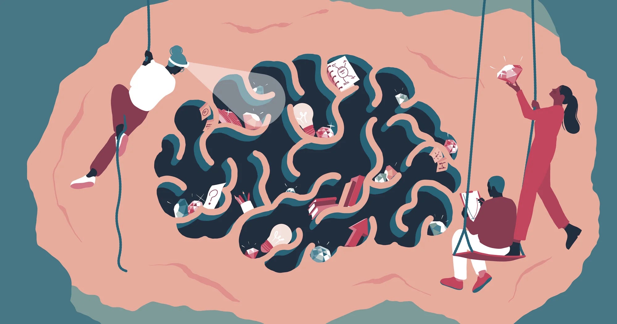 Illustrations depicting people spelunking into a cave that looks like a brain