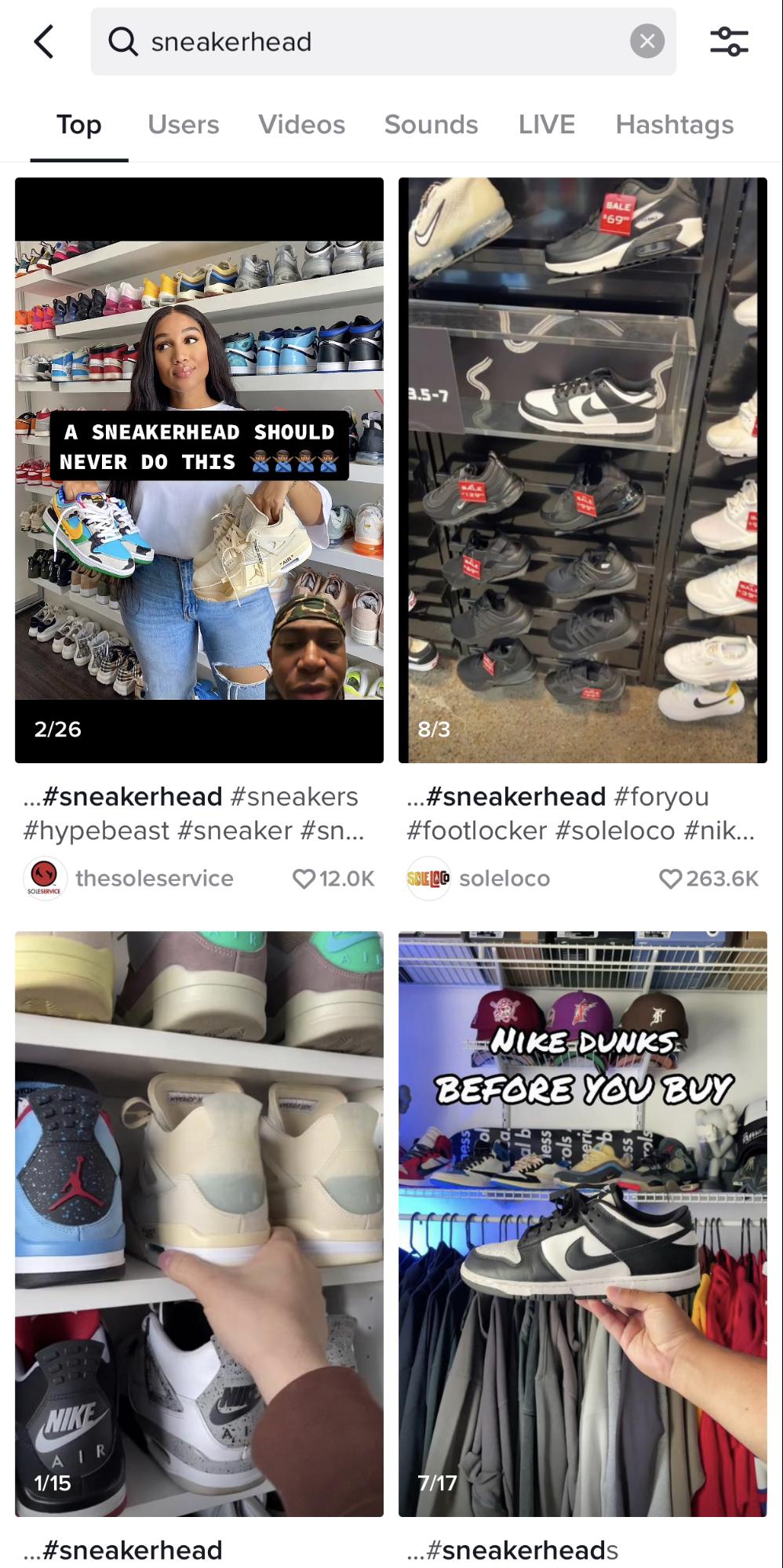 #sneakerhead ハッシュタグの TikTok 検索のスクリーンショット