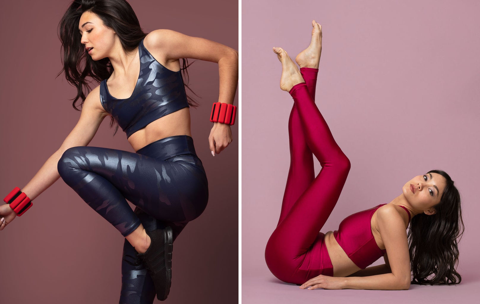 Side by side panels of a person wearing two different dance wear looks