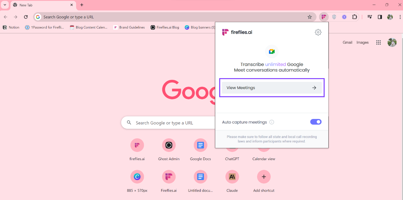 Fireflies.ai over a pink new tab page with quick-access icons and a view meetings option.