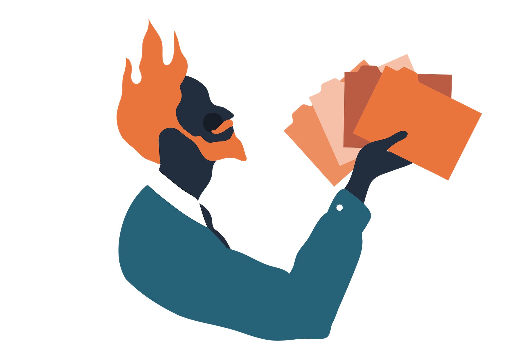 Illustration by Alice Mollon depicting The Firestarter: a man holding a few file folders like a hand of playing cards
