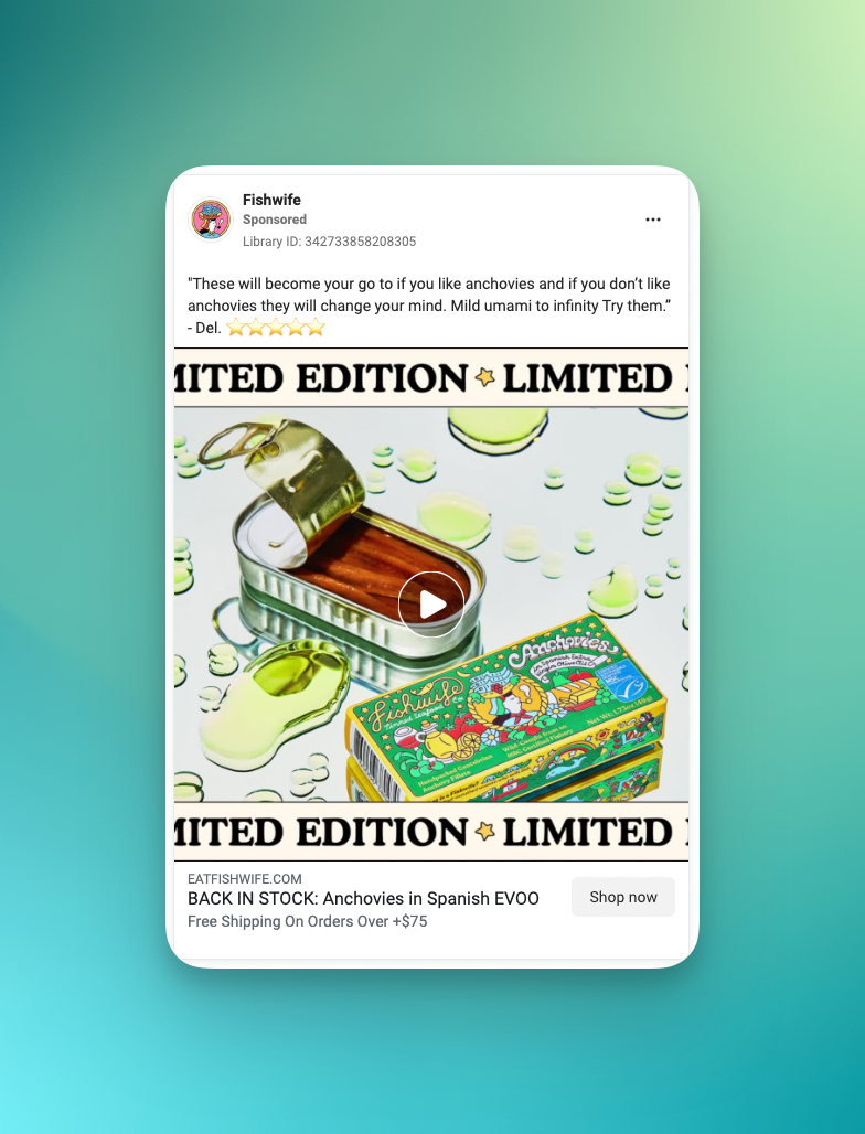 An Instagram video ad from Fishwife showing a colorful tin of anchovies with a limited edition banner at the top and bottom