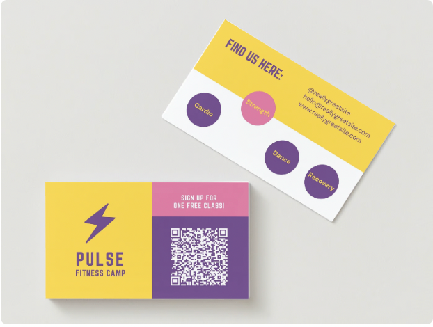 A business card for a fitness camp with a QR code offering a free class to those who sign up.