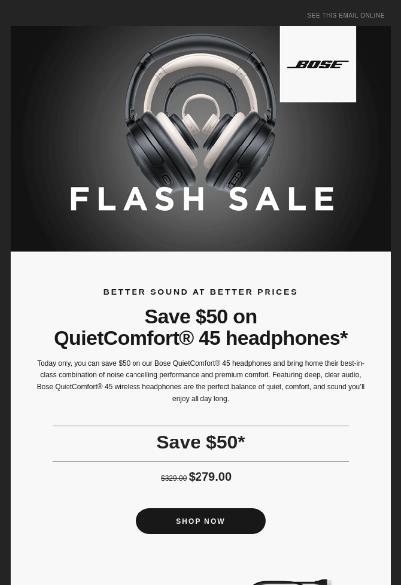 Example of a flash sale ad for Bose headphones.