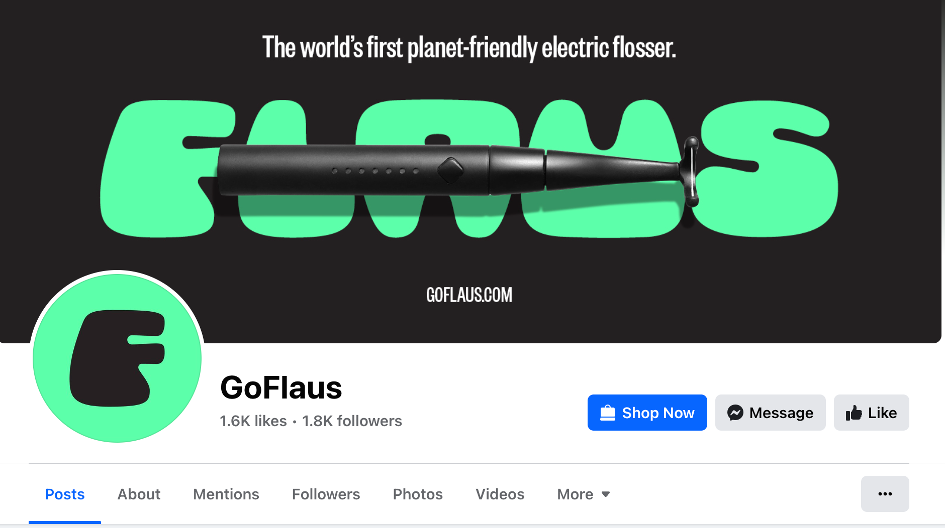 Screenshot of Flaus’ Facebook profile that includes a link to its Facebook Shop.