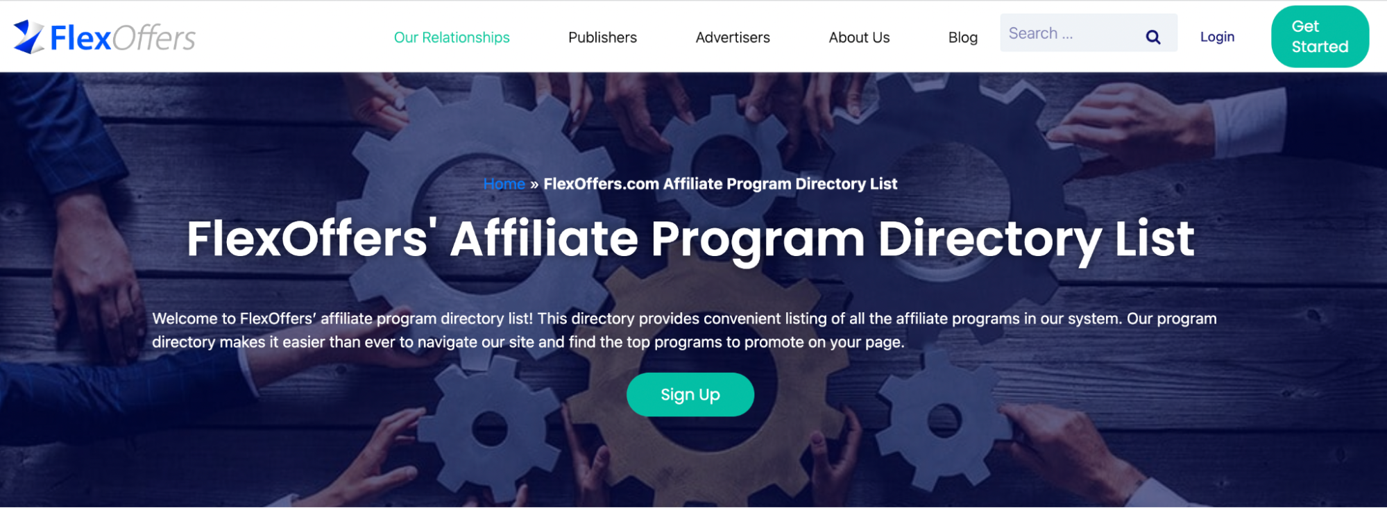 Stock photo of gears behind white text that says “FlexOffers’ affiliate program directory list”.