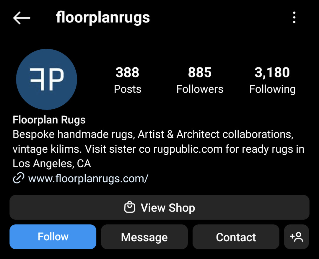 screenshot of Floorplan Rugs Instagram bio