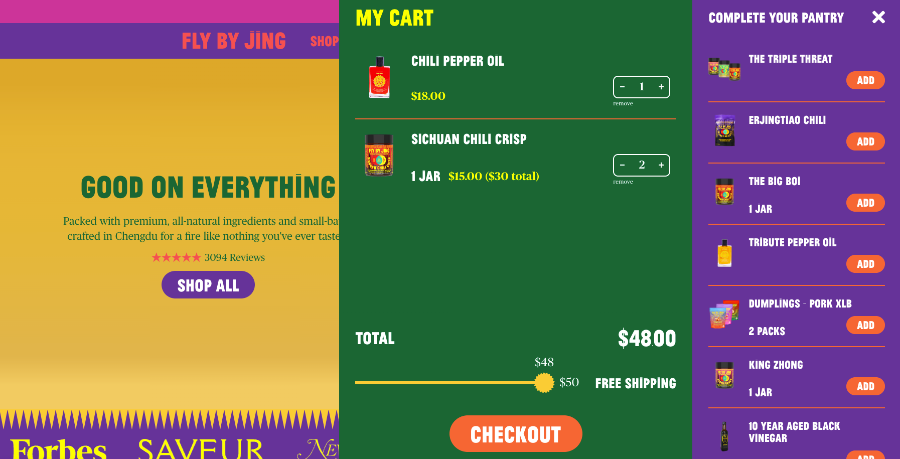 Screenshot of Fly by Jing's checkout page, with a list of upgrades or additions on the right, and chili oil and Sichuan Chili Crisp added to the cart