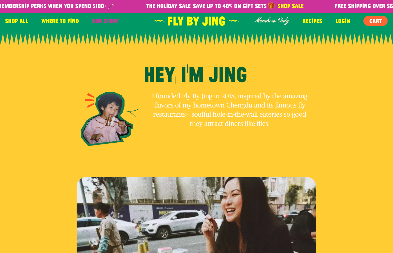 Ecommerce website page for Fly by Jing