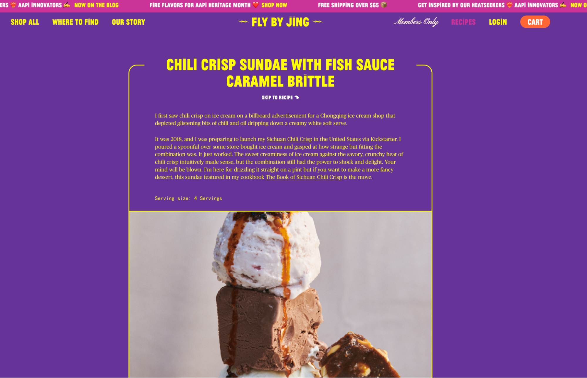 A Fly by Jine recipe page with instructions and an image of a chili crisp sundae.