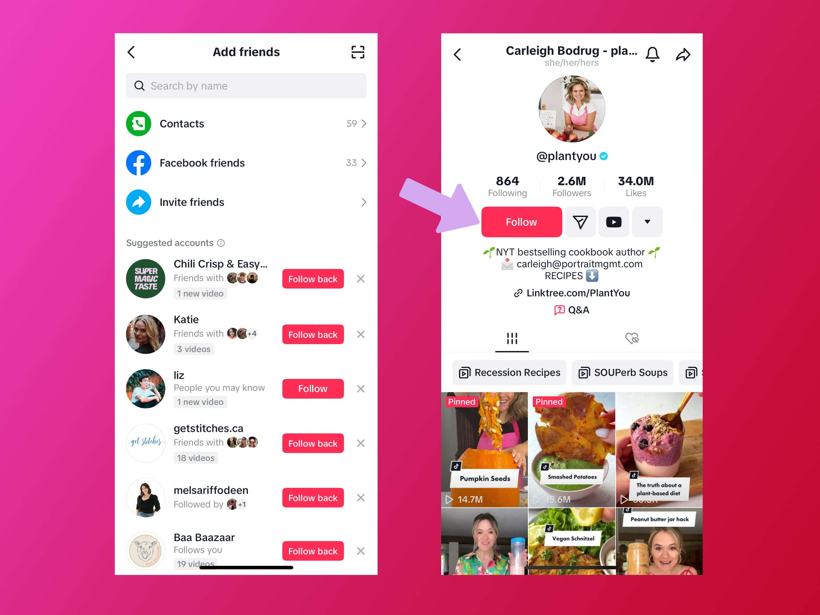 Side by side mobile version of the TikTok UI showing the follow and like functions