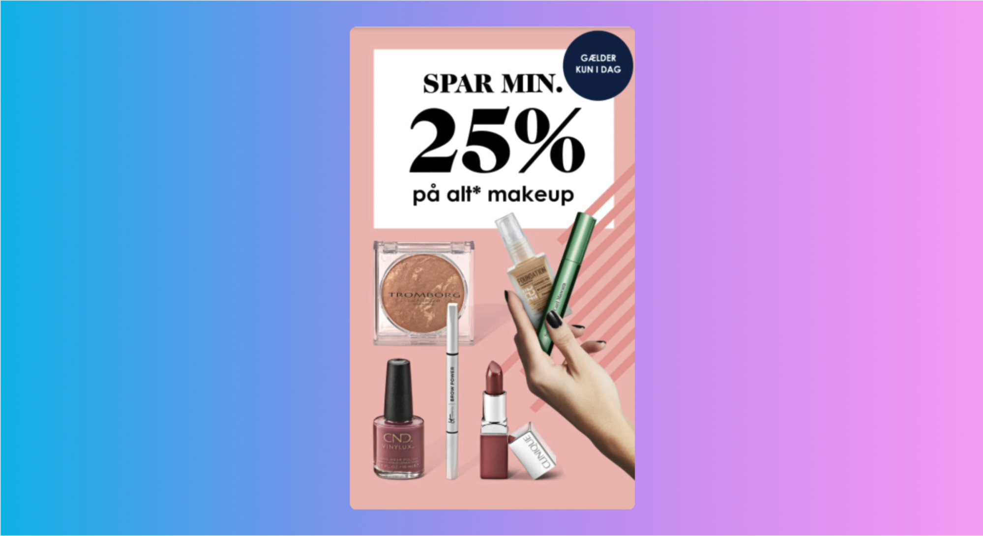 A Snapchat post by Matas that shows a model holding two makeup items and a 25% discount.