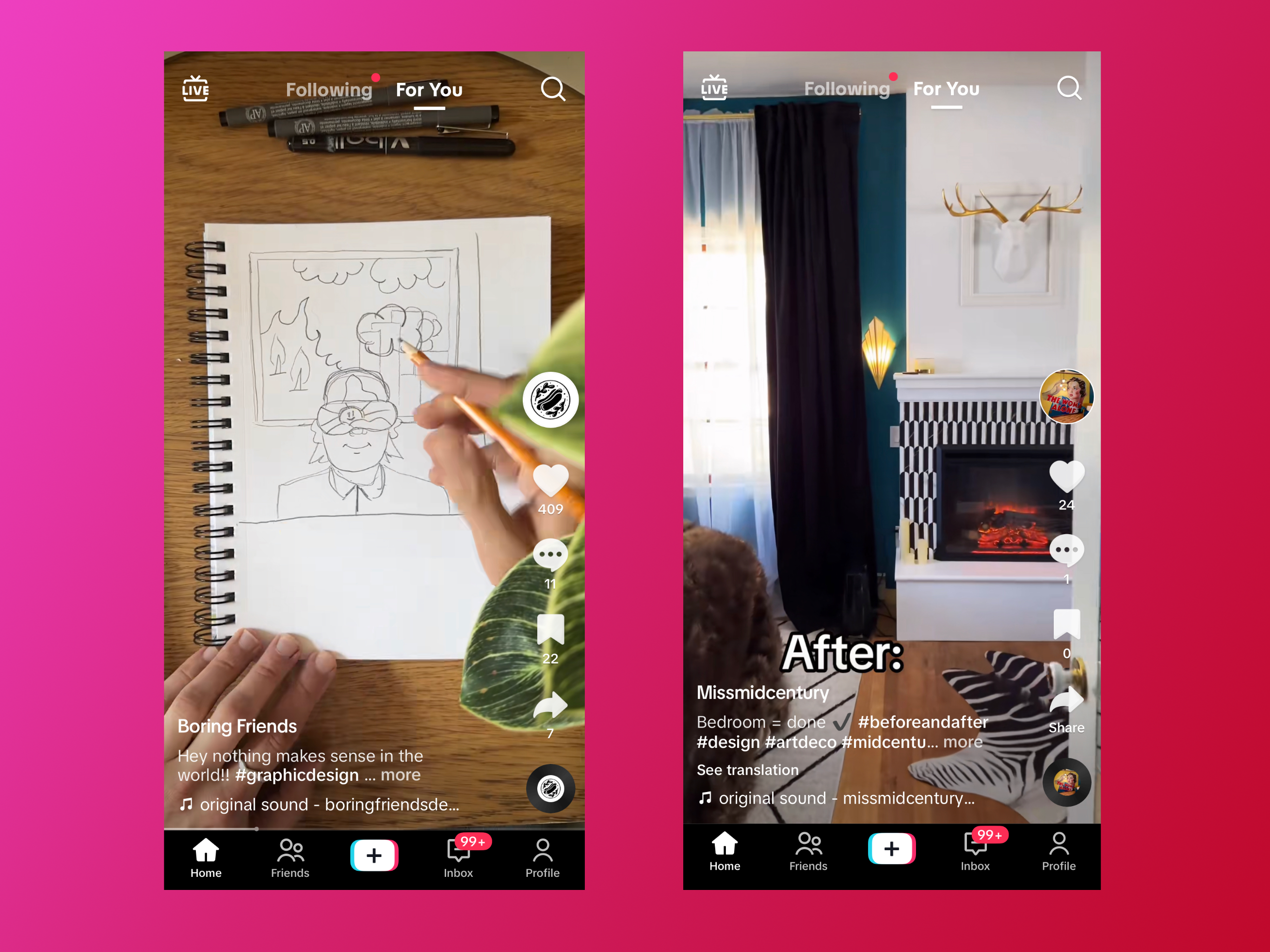 Side by side mobile version of the TikTok UI showing the For You page content