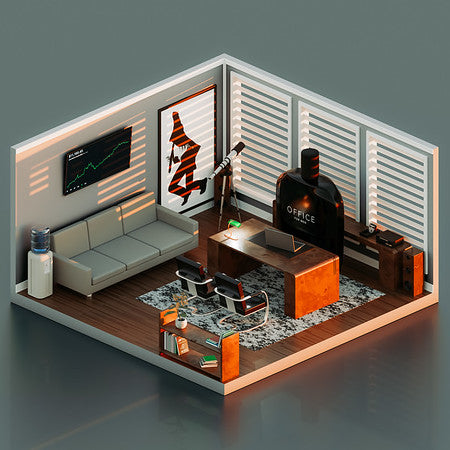A bottle of Office for Men by Fragrance One placed in a model of an office. 