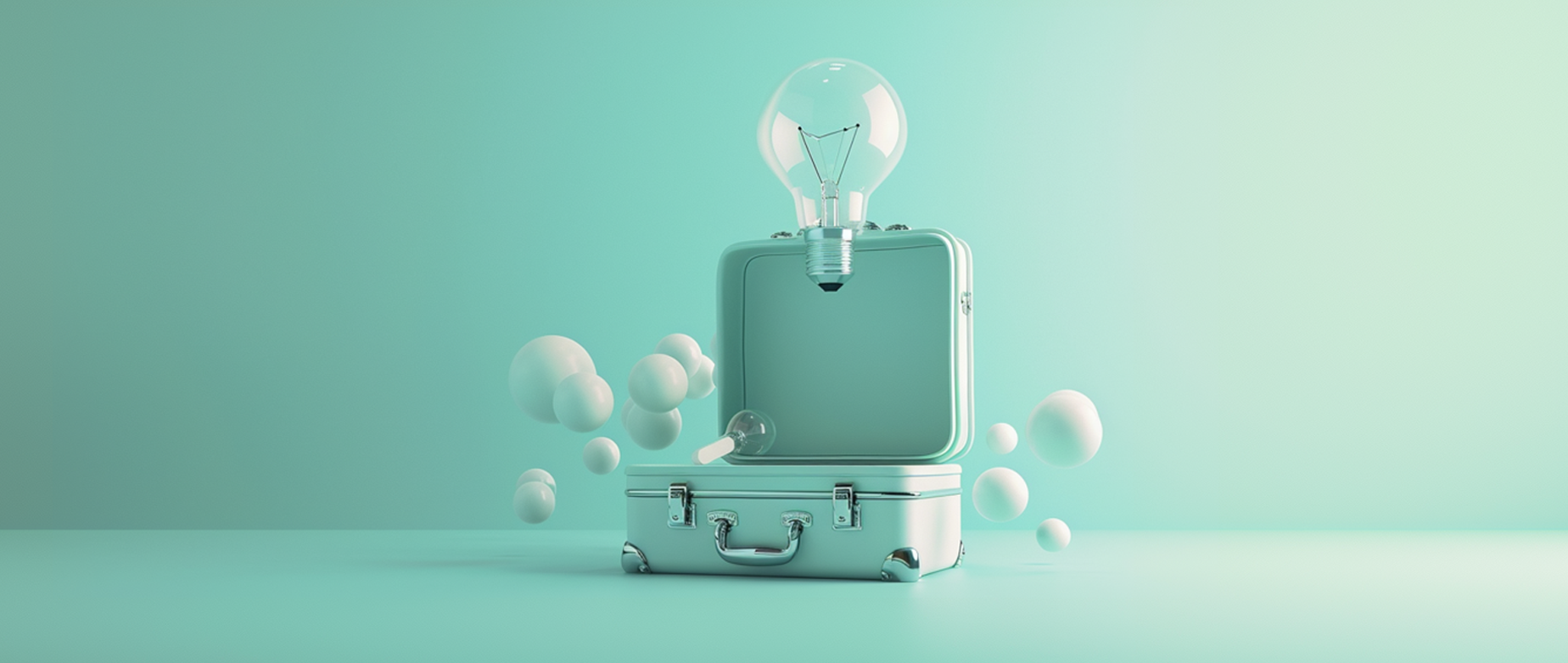 An open suitcase with a lightbulb and white spheres surround it on an aqua background.